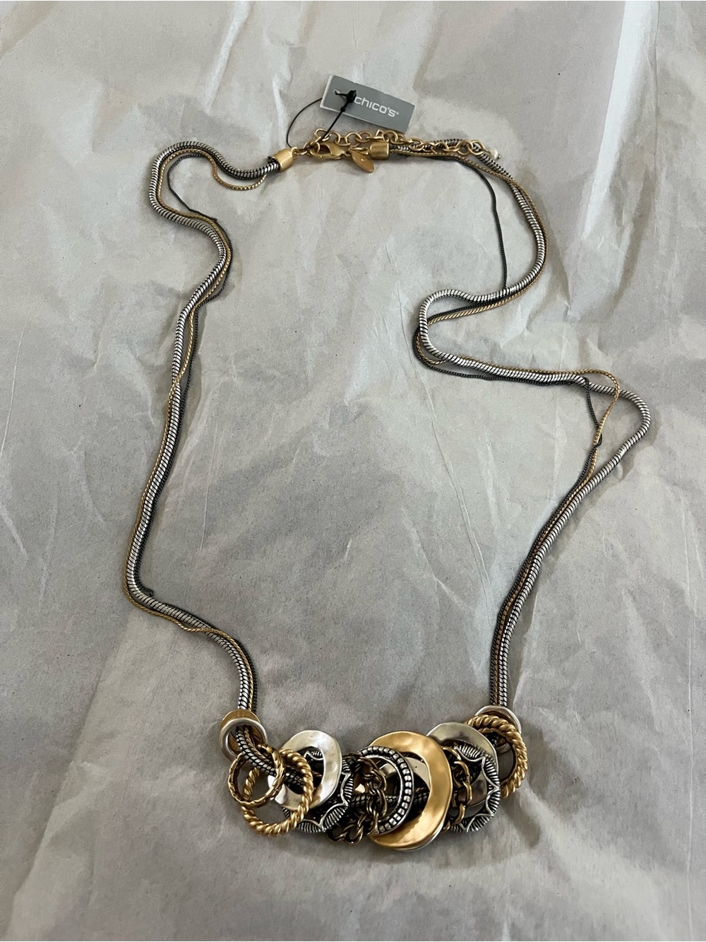 Chico's 34” Mixed Metal Pendant Necklace in Gold and Silver with multi rings